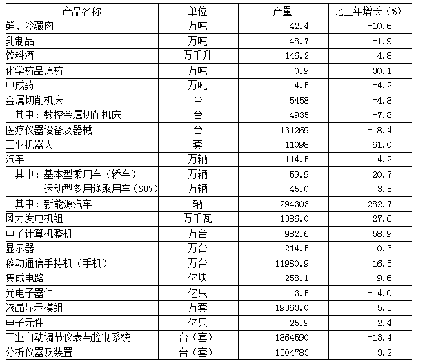 表6　　2024年规模以上工业企业主要产品产量